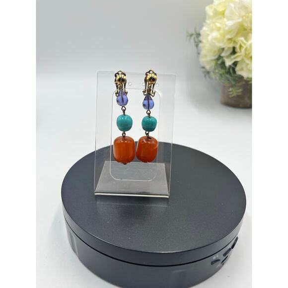 Vintage Butterscotch Egg Yolk Bakelite Blue Purple Glass Dangle Earrings - Picture 3 of 7